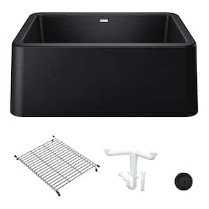 Ikon 27 in. Farmhouse/Apron-Front Single Bowl Coal Black Granite Composite Kitchen Sink Kit with Accessories