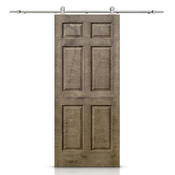 CALHOME 30 in. x 80 in. Vintage Brown Stain Composite MDF 6 Panel Interior Sliding Barn Door with Hardware Kit