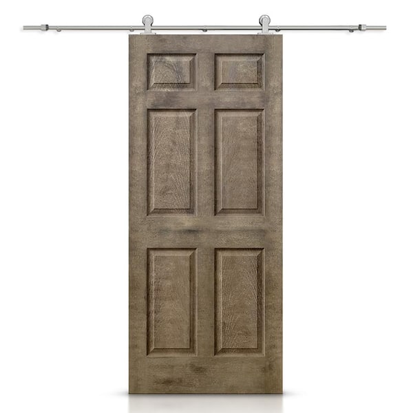 CALHOME 36 in. x 80 in. Vintage Brown Stain Composite MDF 6 Panel Interior Sliding Barn Door with Hardware Kit