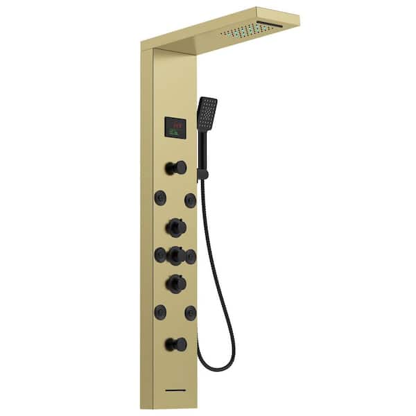 BWE 8-Jet Rainfall Shower Panel System with Rainfall Waterfall Shower Head, Shower Wand and LED Light in Black Gold
