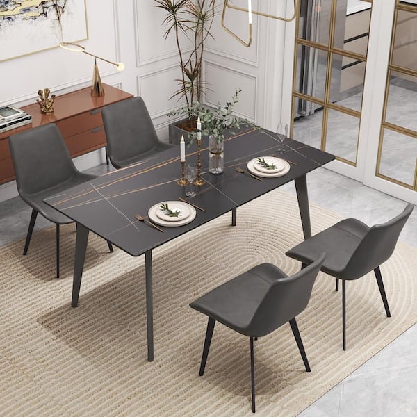 63 in. Black Sintered Stone with Gray Metal 4-Legs Dining Table (Seats-6)