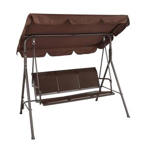 3-Person Black Metal Patio Swing with Brown Canopy