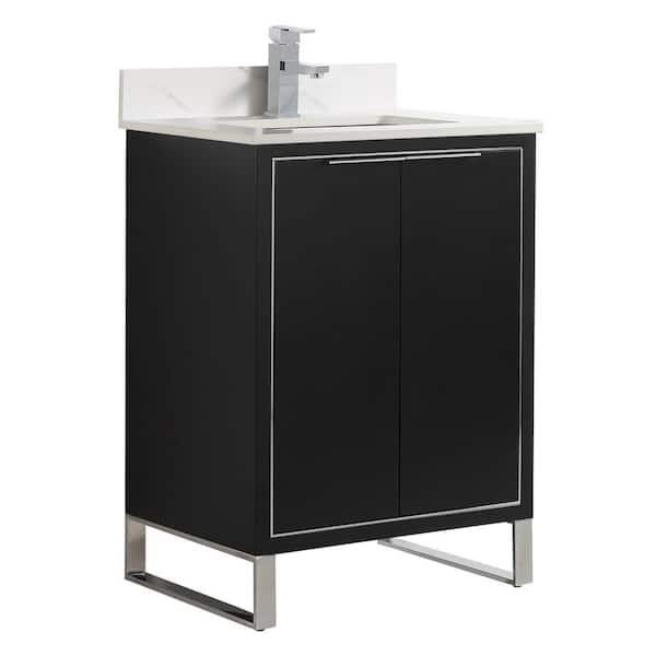 FINE FIXTURES Opulence 24 in. W x 18 in. D x 33.5 in H. Bath Vanity in Black Matte with White Carrara Single Sink Stone Top