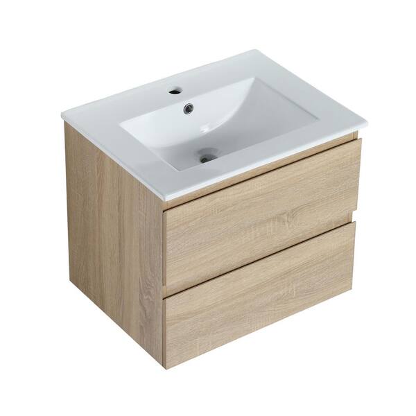 HBEZON 24 in. W x 18.3 in. D x 20.5 in. H Bath Vanity in Light Brown Oak with White Granite Top 45 ° Inclined Edges Plywood