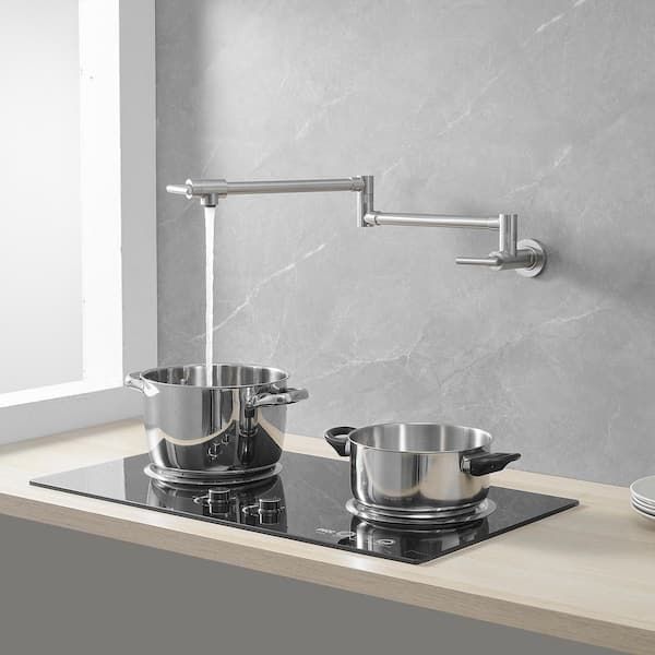 Wall Mounted Pot Filler with Folding Arm, 360° Rotation in Brushed Nickel