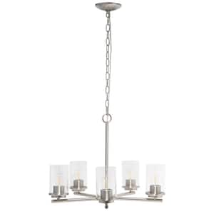17 in. 5-Light Brushed Nickel Standard Pendant Chandelier Classic Contemporary Clear Glass and Metal