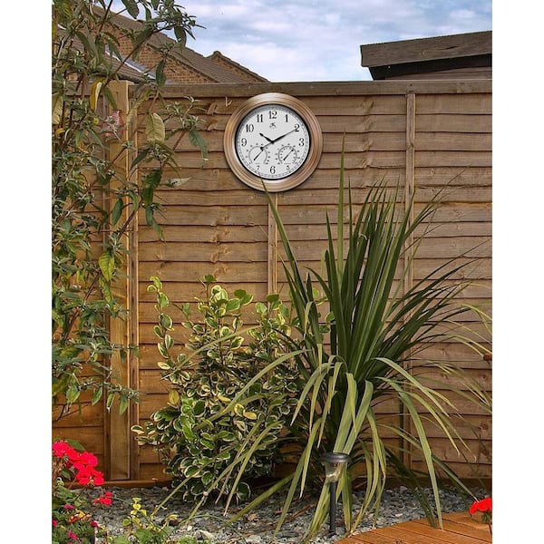 Pure Garden, Wall Clock Thermometer, 18 in. Metal, Waterproof, Black 