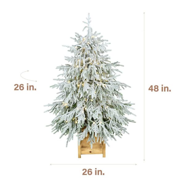 4 ft. Prelit Light Flocked Potted Porch Pine Artificial Christmas Tree with 150 3-Function White MicroDot LED Lights