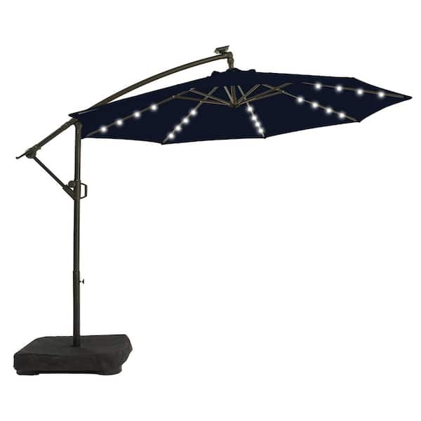 PASAMIC 10 ft. Solar LED Patio Offset Umbrella Outdoor Cantilever Umbrella with Weighted Base Navy Blue
