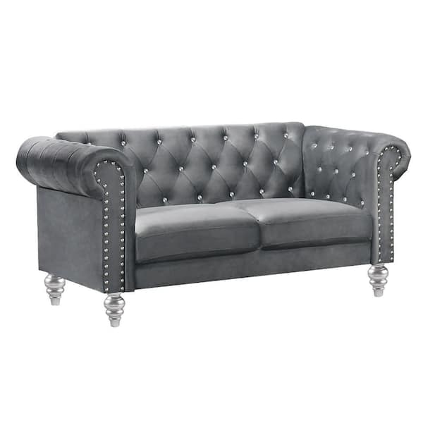 Benjara 31.25 in. Gray Solid Print Fabric 2-Seater Loveseat with Tufted Back
