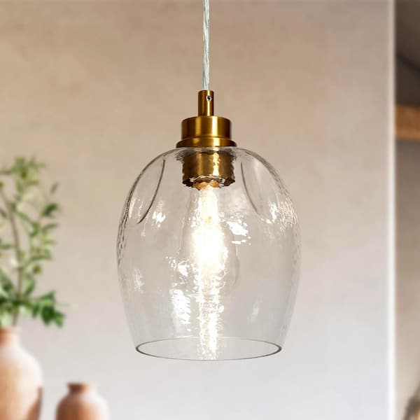 Uolfin Transitional Kitchen Island Pendant Light 1-Light Plating Brass Bell Pendant Light with Textured Glass Shade