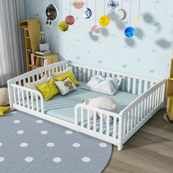 Harper & Bright Designs White Full Size Pine Wood Floor Bed with