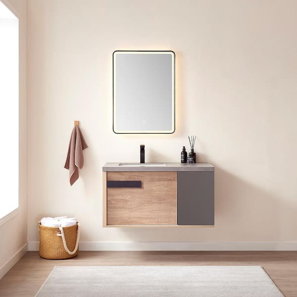 ROSWELL 40 in. W x 22 in. D x 21 in. H Single Sink Bath Vanity in N. American Oak with Grey Natural Stone Top and Mirror