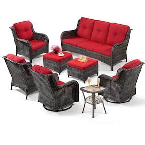 8-Piece Patio Conversation Sofa Set Furniture Sectional Seating Set with Red Cushion and Glass Desktop