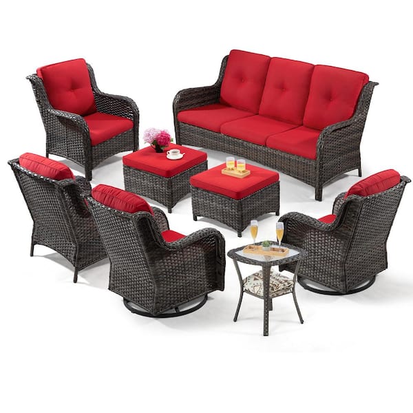 MeetLeisure 8-Piece Patio Conversation Sofa Set Furniture Sectional Seating Set with Red Cushion and Glass Desktop