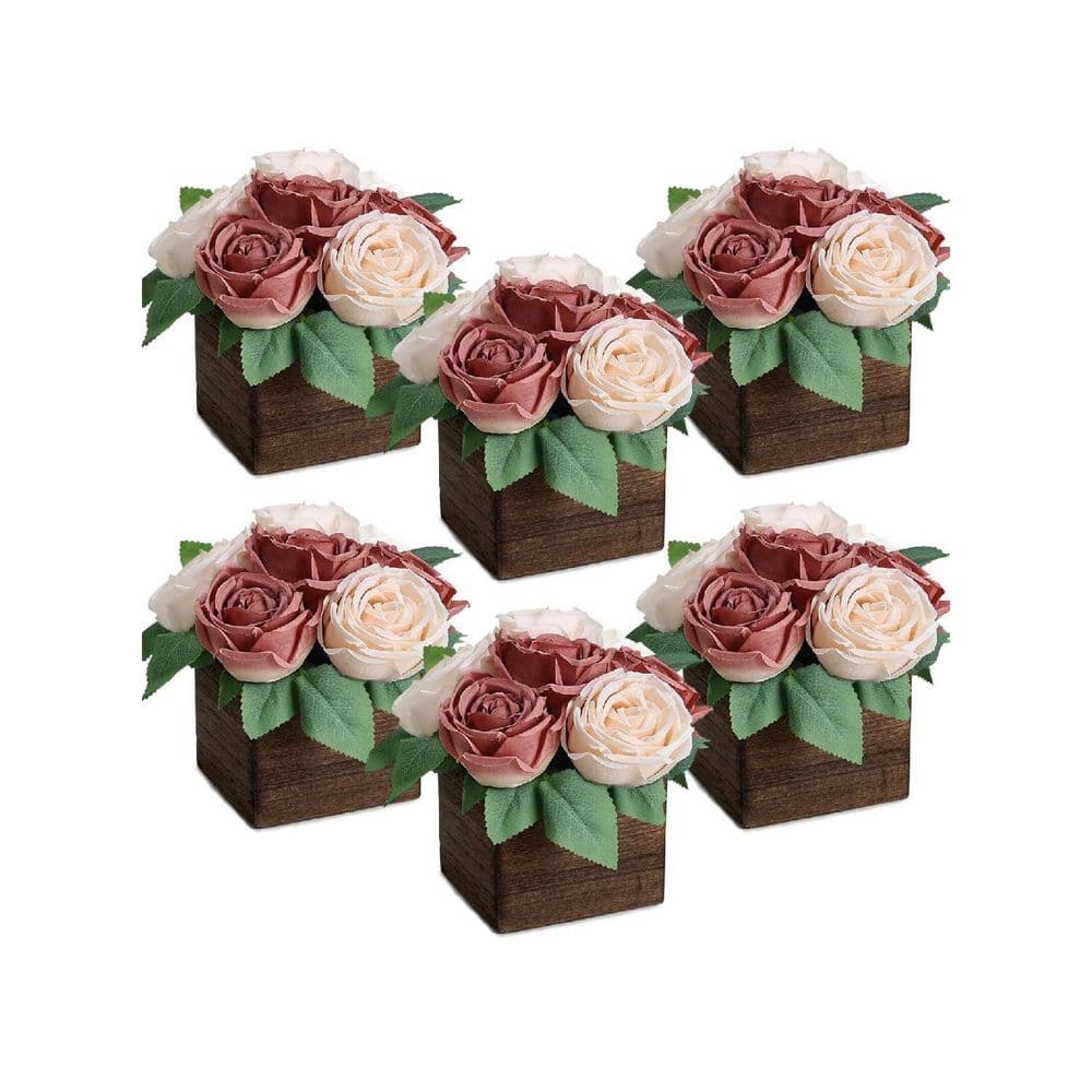 家具 rose 7 in. Pink Indoor Artificial Rose Flowers in Wood Vase 6 Pack
