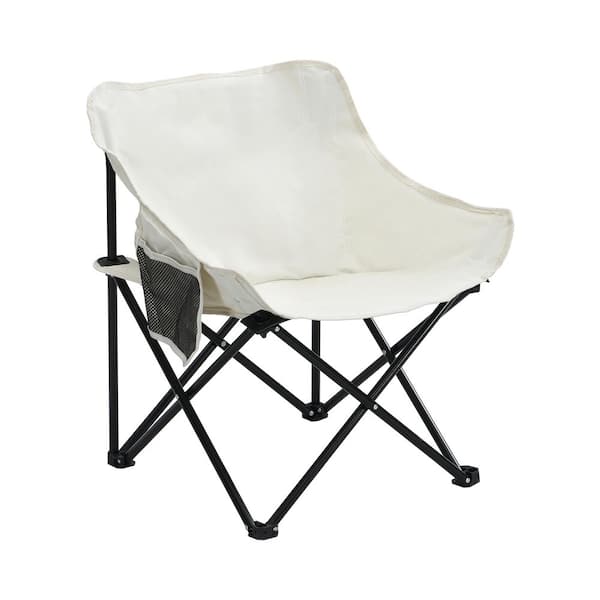 Outdoor Portable Beige Camping Metal Chairs Folding with Side Pockets and Carry Bag, Lawn Chair, Easy Transportation