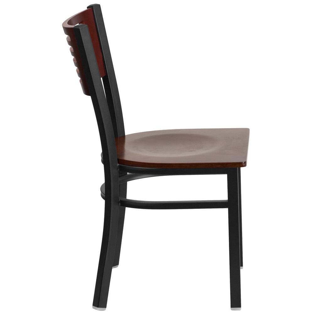 High Back Black Steel and Mahogany Wood Slat Side Chair