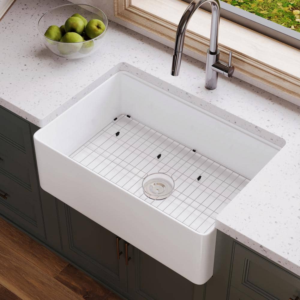 White Fireclay Single Basin Farmhouse Workstation Kitchen Sink