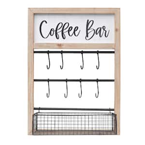 Farmhouse 15.75 in. W x 6.25 in. D Coffee Bar Natural Wood Frame and Black Metal Decorative Wall Shelf