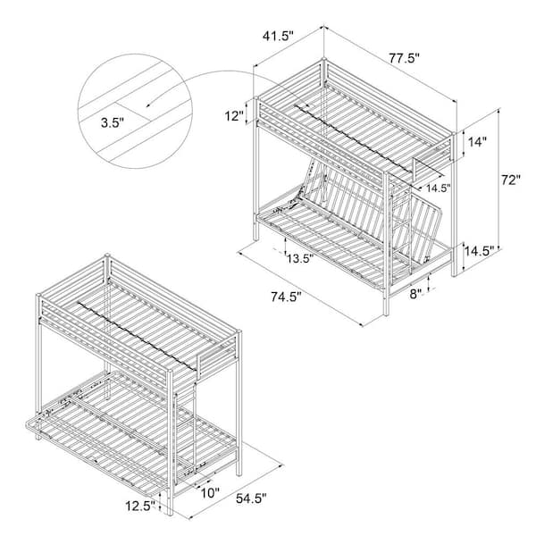 Dhp Mabel Silver Metal Twin Over Futon, Futon Bunk Bed Assembly Diagram