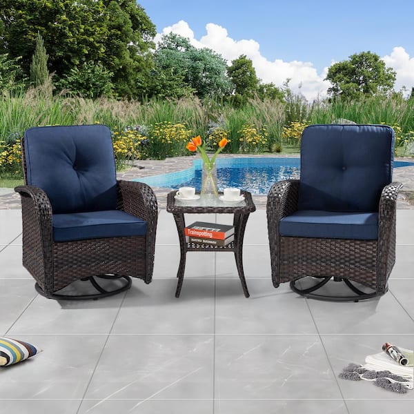 3-Pcs Dark Brown Wicker Outdoor Rocking Chair Patio Conversation Set Swivel Chairs with Blue Cushions and Table