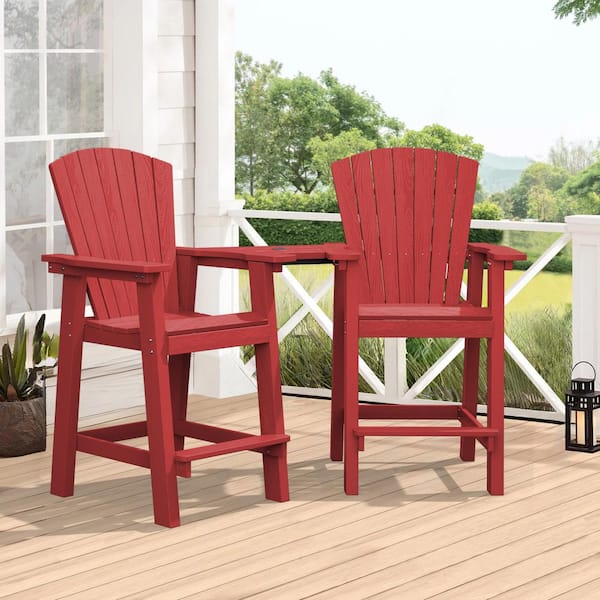 JEAREY Balcony Chair Plastic Tall Adirondack Chair (Set of 2) Outdoor Adirondack Barstools with Connecting Tray in Red