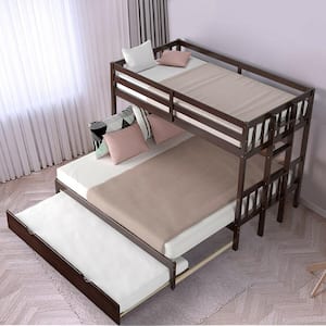 Brown Twin Over Twin Pull-Out Bunk Bed with Trundle Wooden Ladder