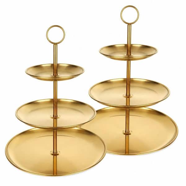 2-Pack 3-Tier Gold Stainless Steel Cake Stand, Gold Food-Grade Coating, 6.7 in. 9 in. and 12 in. Plate, Durable