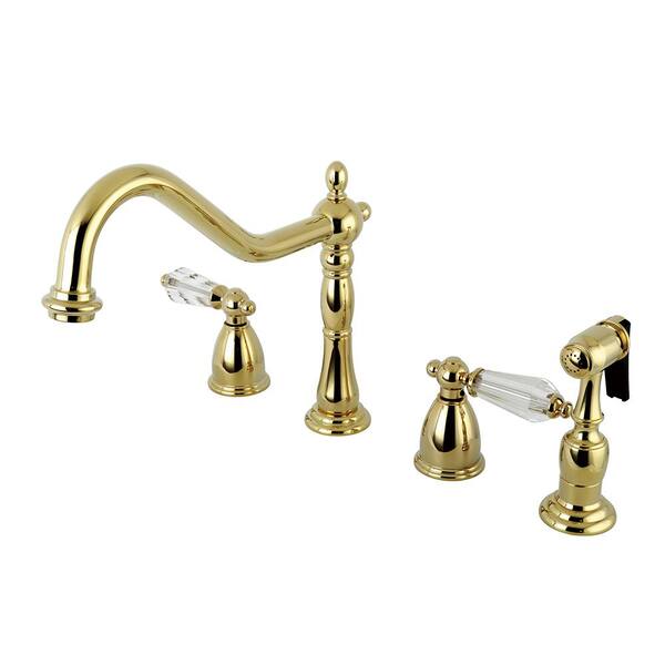 Kingston Brass Victorian Crystal 2-Handle Standard Kitchen Faucet with Side Sprayer in Polished Brass