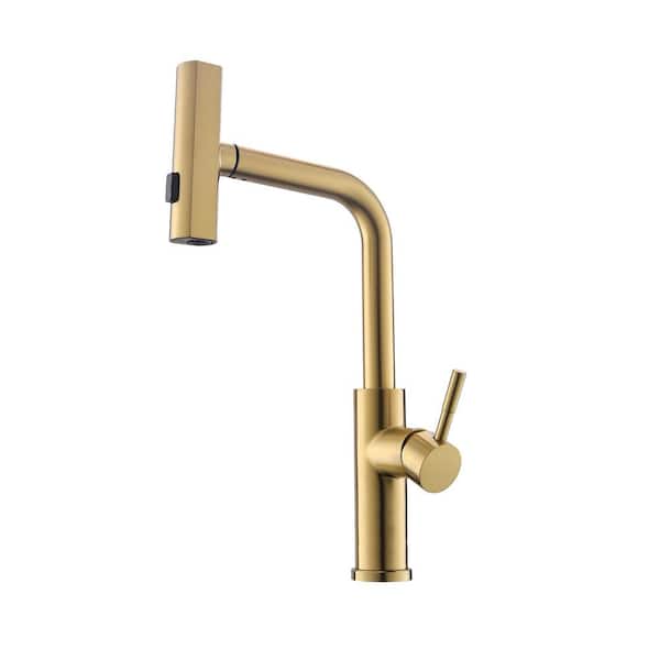 360 Degree Spout Swivel 14.1 in. Height Single Handle Pull Out Sprayer Kitchen Faucet Stainless Steel in Brushed Gold