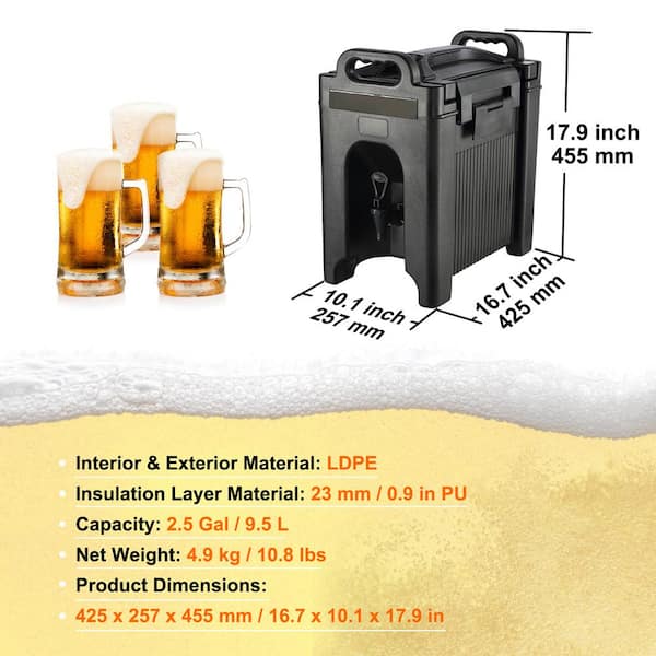 2.5 gal. Insulated Beverage Dispenser, Food-Grade LDPE Thermal Drink Server, Hot and Cold Beverage Cooler with 0.9 in.