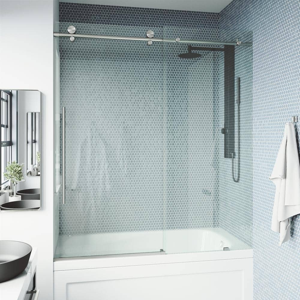 Elan E-Class Frameless Sliding Tub Door with Clear Glass and Stainless Steel Finish