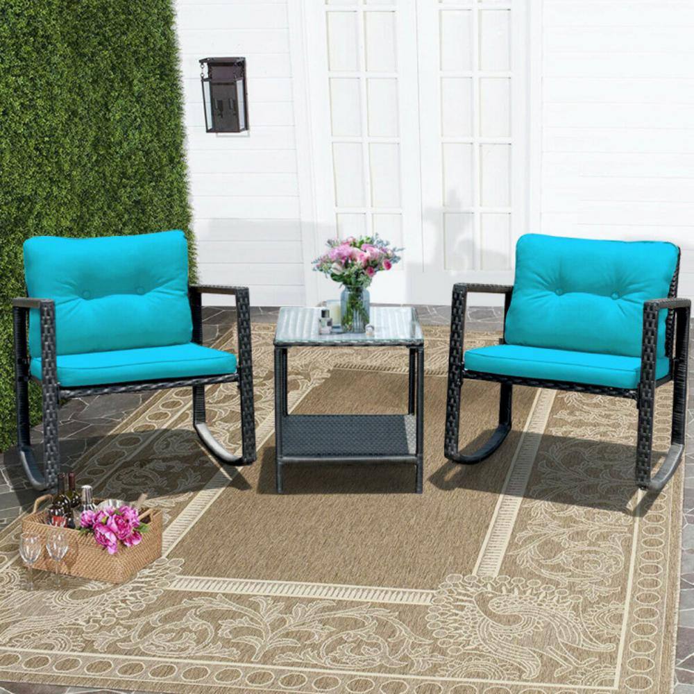 Blue Cushioned Wicker Rocking Chair Set with Glass Table