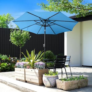 9 ft. Steel Solar LED Lighted Patio Market Umbrella with Auto Tilt, Easy Crank Lift in Blue