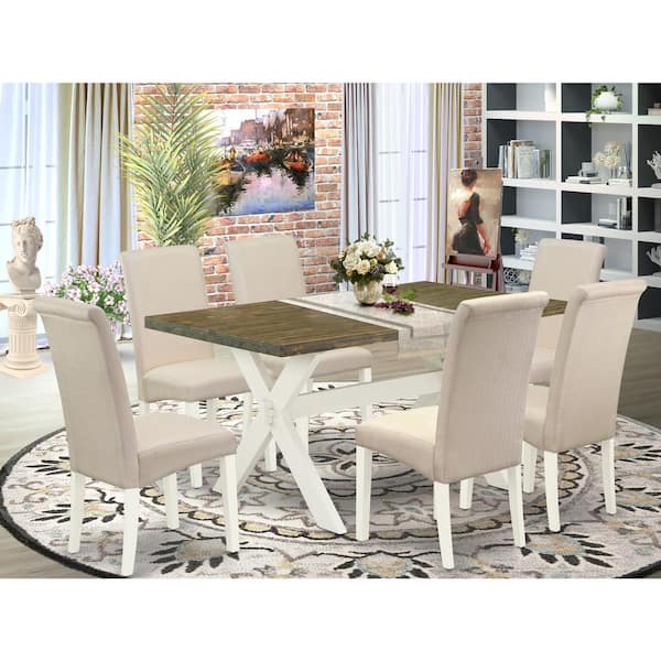 East West Furniture 7-Piece Rectangle Distressed Jacobean Finish Solid Wood Top Dining Table with 6-Chairs with Lattice Back