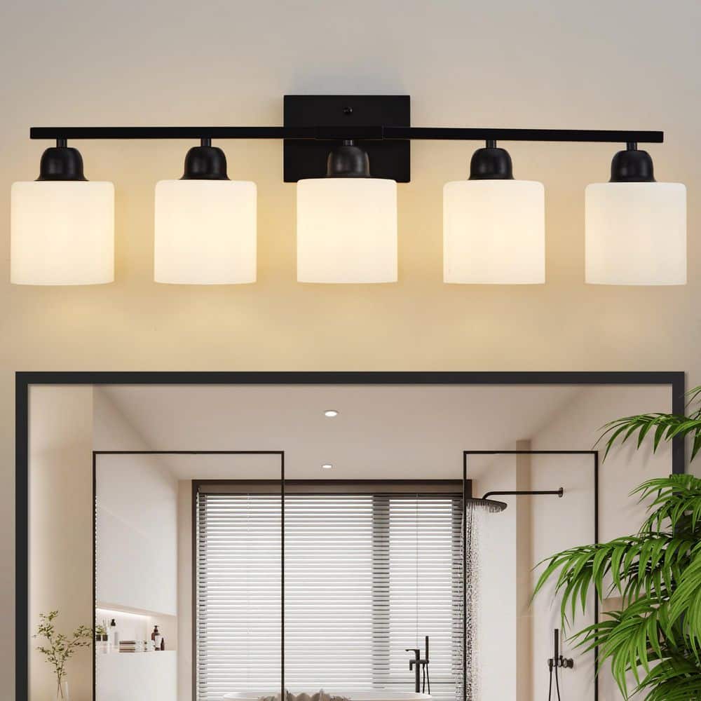 32 in. 5-Light Black Modern Vanity Light Wall Lamp Sconce Over Mirror with Frosted Milky White Glass Shade price history on PriceWatchPro