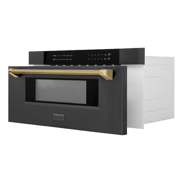 Autograph Edition 30 in. 1.2 cu. ft. Built-in Microwave Drawer in Black Stainless Steel and Polished Gold Helix Handle