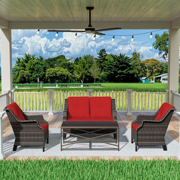 4-Pieces Wicker Outdoor Patio Furniture Sets Rattan Chair Wicker Set with Red Cushion