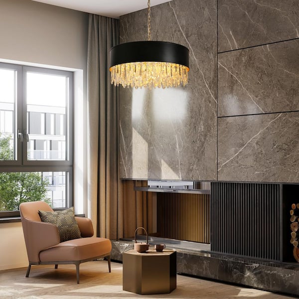 Phesonlaxy 9-Light Black and Brass Chandelier Modern Luxury Crystal Drops High Ceiling Light for Living Room, Bedroom