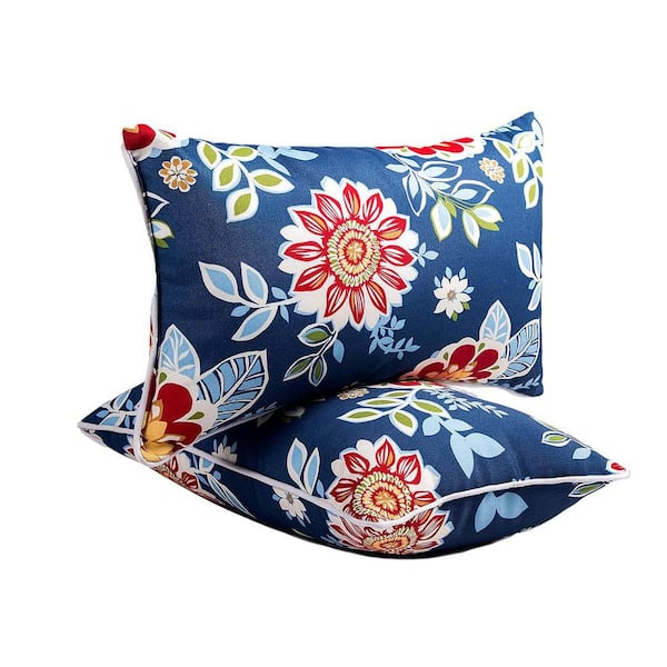 12 x 20 in. Outdoor Lumbar Pillows, Waterproof Set of 2 Outdoor Throw Pillows with Insert Included, Blue With Flower