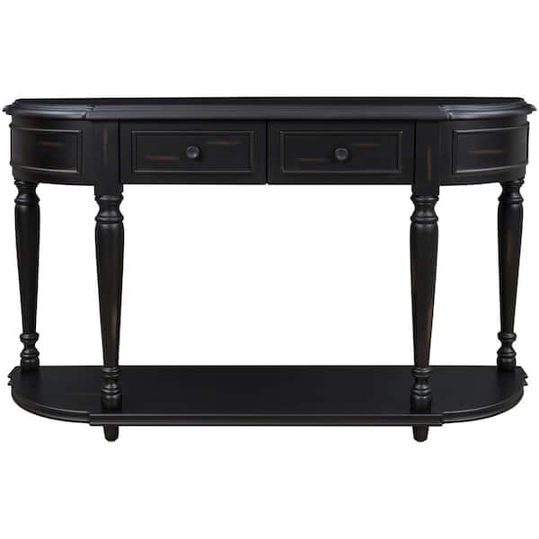 Z-joyee Retro Circular Curved Solid Wood Storage Cabinet with 2 Drawers, Black