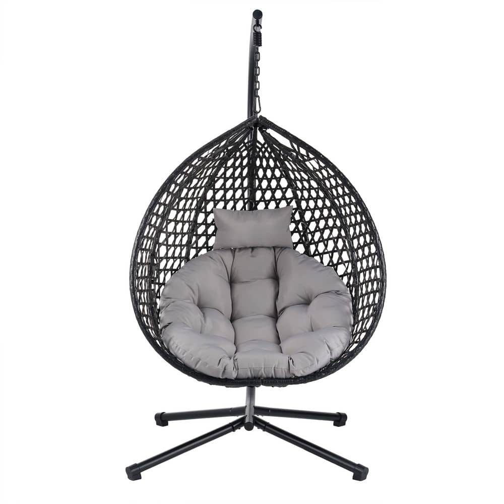1-Person Black PE Wicker Iron Patio Swing, Versatile Hanging Egg Chair, Int