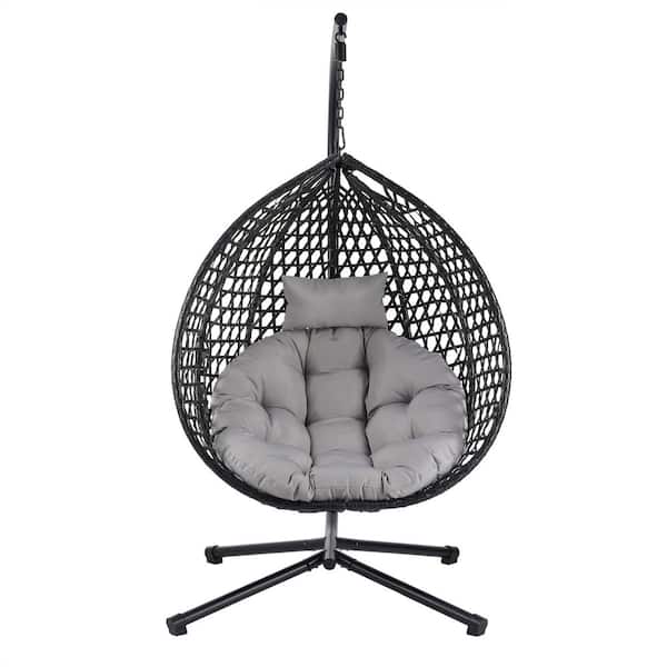 Unbranded 1-Person Black PE Wicker Iron Patio Swing, Versatile Hanging Egg Chair, Intricate Hollowed-Out Design with Gray Cushion