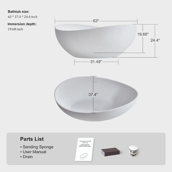 Risti 63 in. x 38 in. Stone Resin Freestanding Soaking Bathtub in White