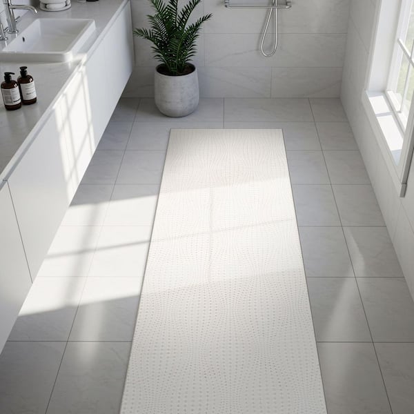Harmony 2 x 7 ft. White Non-Slip Rubber Back Washable Polyester Wave Bathroom Runner Rug