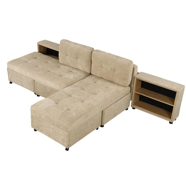 121.2 in. Versatile Sofa Bed Modular Free-combined Chenille 4 Seat Sectional Sofa in Brown with 2 Storage Racks
