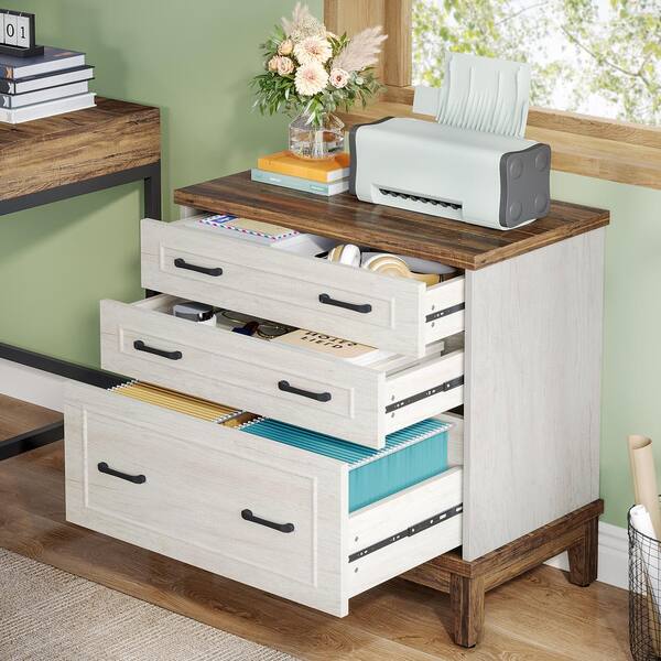 Delia 3 Drawer White Walnut Wood 32.28 in. W Lateral File Cabinet for A4 Letter Legal Size Files Storage Printer Stand