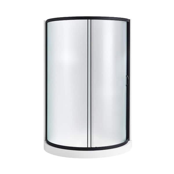 Breeze 40 in. L x 40 in. W x 77 in. H Corner Shower Kit with Frosted Sliding Door in Black, Shower Pan, and Walls