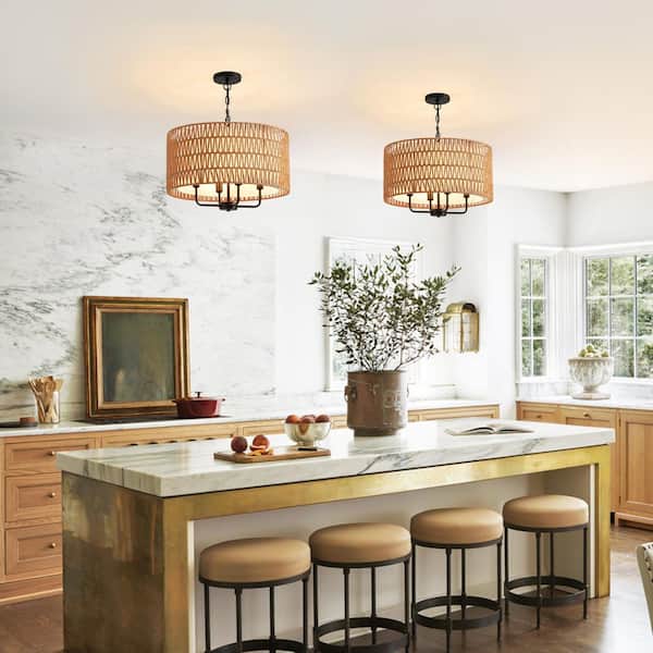 19.7 in. 4-Light Rattan Yellow Bohemian Chandelier for Foyer Dining Room